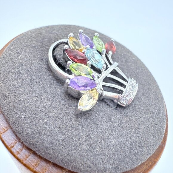 VTG Sterling Silver 925 Multi-Gemstone Flower Basket Pendant Size 0.75" Length - Picture 3 of 11